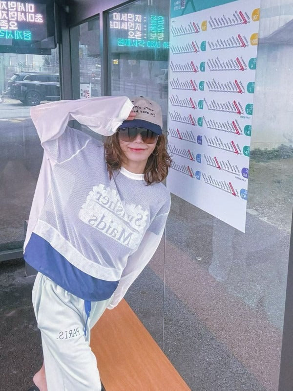 韓國PARIS MATCH透視網紗拼接長袖上衣 | 假兩件寬鬆落肩撞色T恤 Korean Mesh Layered Top