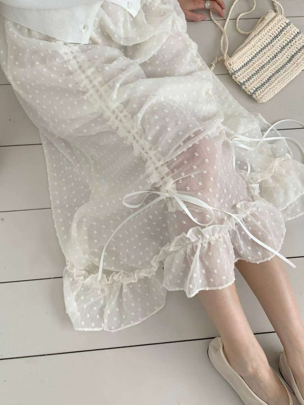 韓國CRONG波點薄紗抽繩半身裙 | 仙氣荷葉邊層次長裙 Korean Polka Dot Ruched Midi Skirt