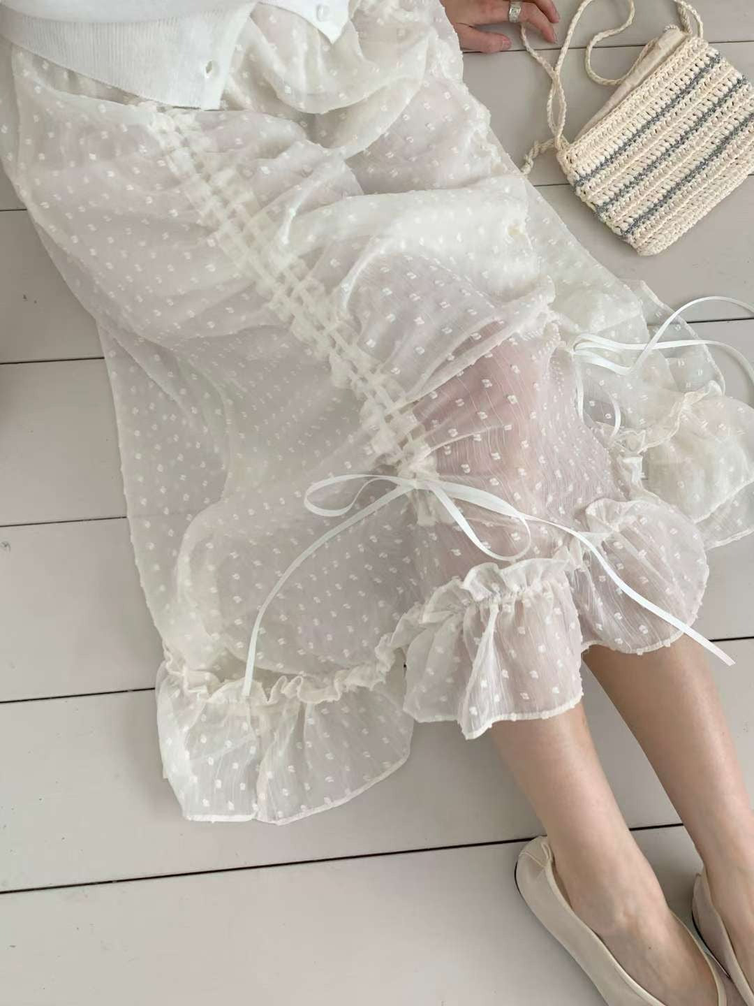 韓國CRONG波點薄紗抽繩半身裙 | 仙氣荷葉邊層次長裙 Korean Polka Dot Ruched Midi Skirt