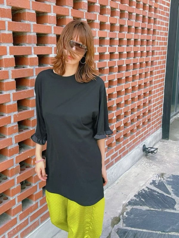韓國PARIS MATCH荷葉袖口長版T恤 | 簡約寬鬆純色棉質上衣 Oversized Ruffle Sleeve Tee
