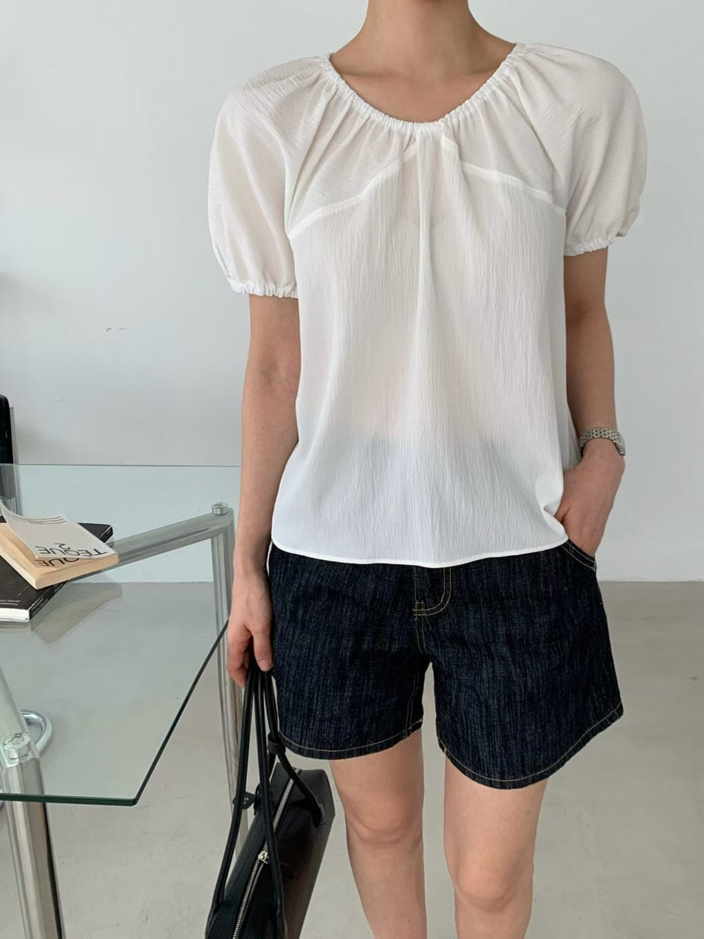 韓國 MOI 抽皺領泡泡袖上衣｜韓系輕盈寬鬆 Blouse Korean Puff Sleeve Top