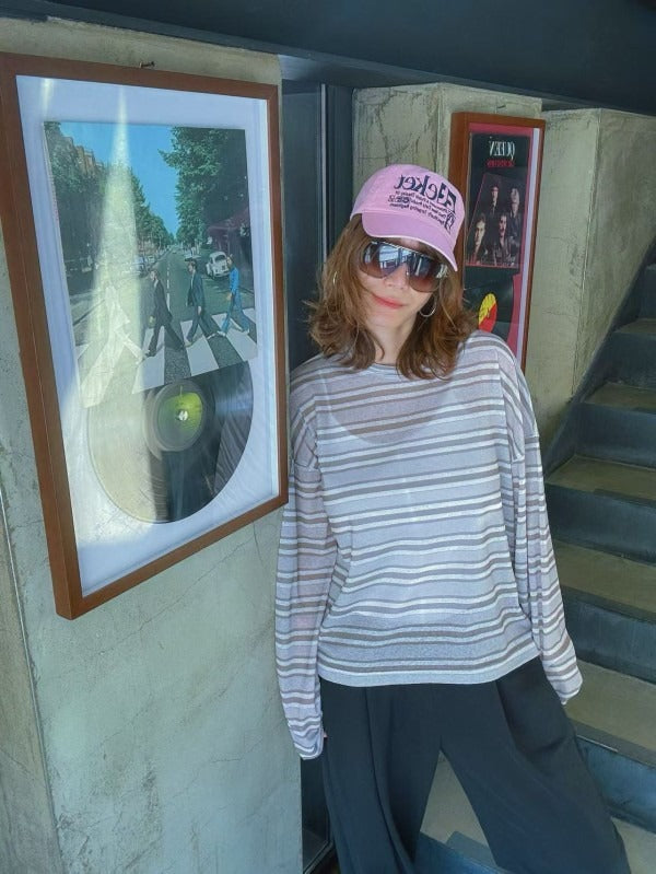Paris Match法式條紋寬版長袖上衣 | 韓系慵懶圓領T恤 Korean Oversized Striped Long Sleeve Top