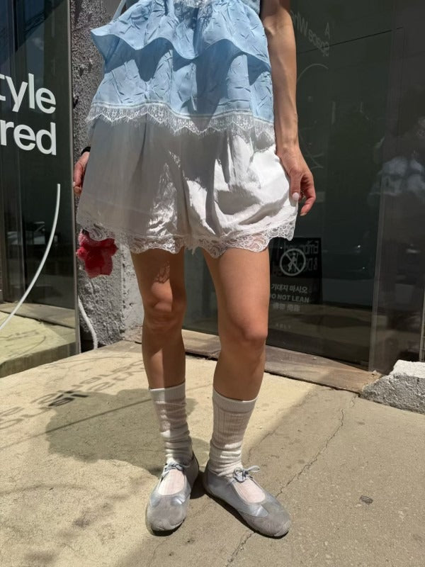 韓國FRANC雙層蕾絲花邊褲裙 | 仙氣防走光鬆緊腰安全短褲 Korean Lace Skort Shorts