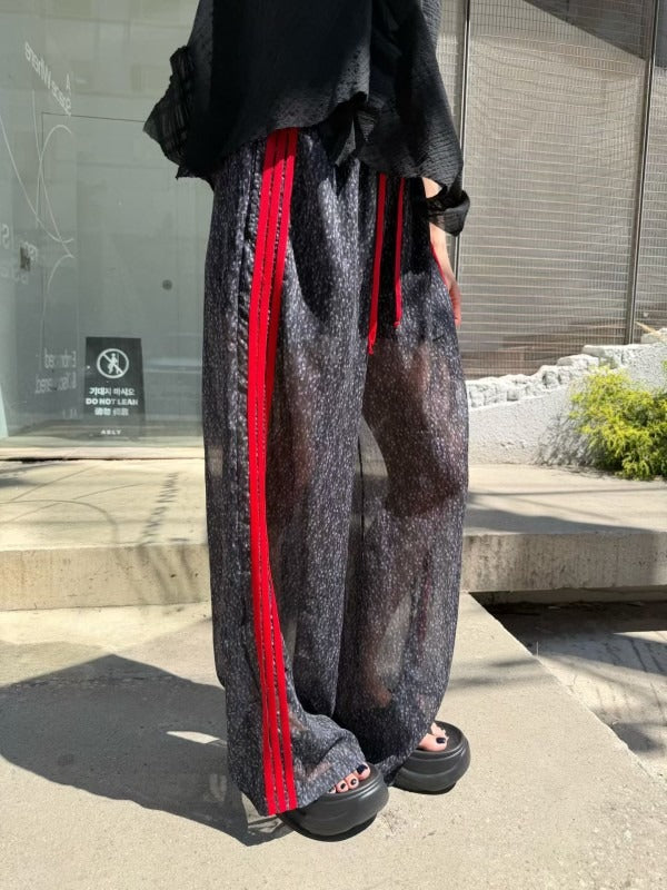 韓國FRANC撞色織帶闊腿運動褲 | 街頭暗黑風鬆緊腰寬褲 Korean Side Stripe Wide Leg Pants