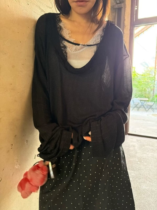 韓國FRANC毛邊U領薄透針織上衣 | 慵懶寬鬆長袖罩衫 Korean Frayed U-Neck Knit Top