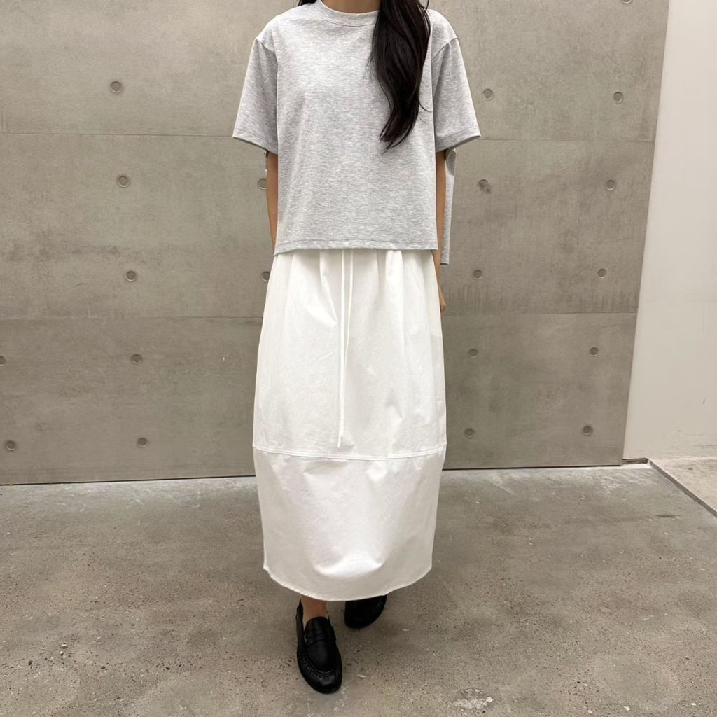 韓國拼接長裙 | 橫紋分段設計鬆緊腰半裙 Korean Paneled Long Skirt
