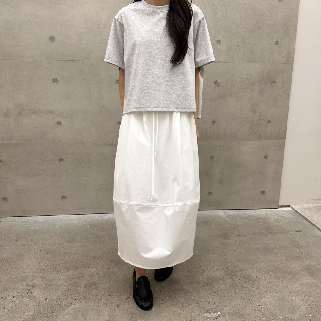 韓國拼接長裙 | 橫紋分段設計鬆緊腰半裙 Korean Paneled Long Skirt