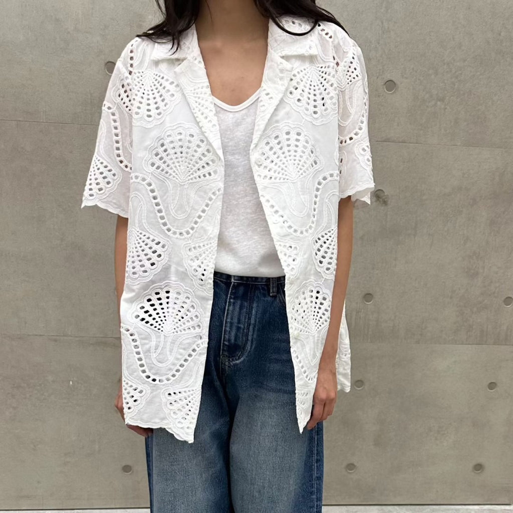 韓國白色鏤空刺繡短袖襯衫 | 貝殼圖案蕾絲薄外套 Korean Eyelet Cutwork Shirt
