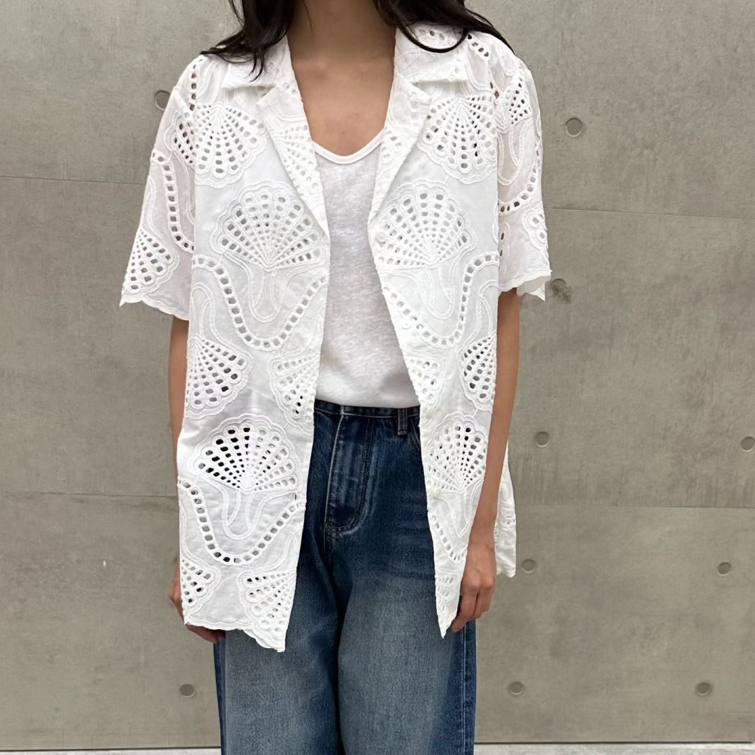 韓國白色鏤空刺繡短袖襯衫 | 貝殼圖案蕾絲薄外套 Korean Eyelet Cutwork Shirt