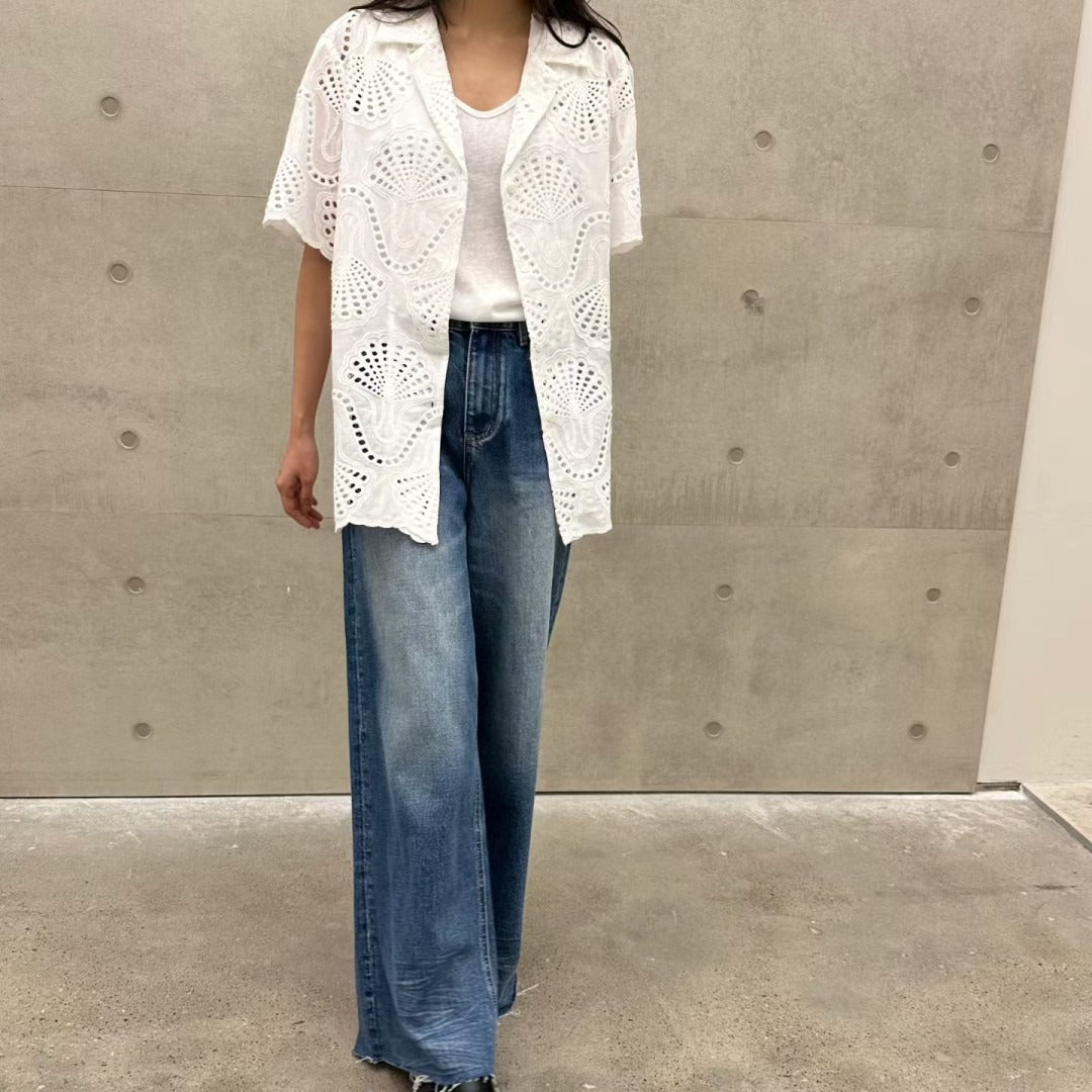 韓國白色鏤空刺繡短袖襯衫 | 貝殼圖案蕾絲薄外套 Korean Eyelet Cutwork Shirt