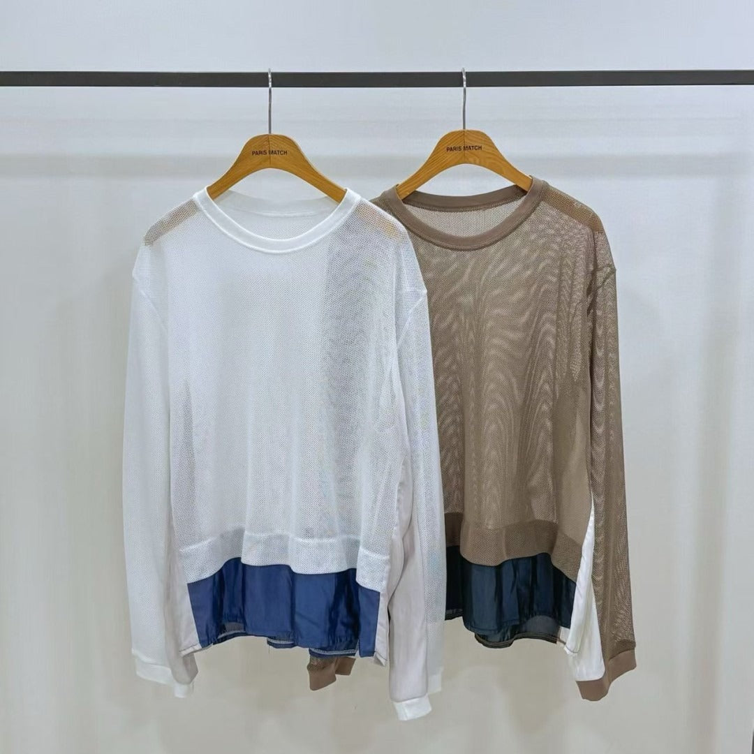 韓國PARIS MATCH透視網紗拼接長袖上衣 | 假兩件寬鬆落肩撞色T恤 Korean Mesh Layered Top