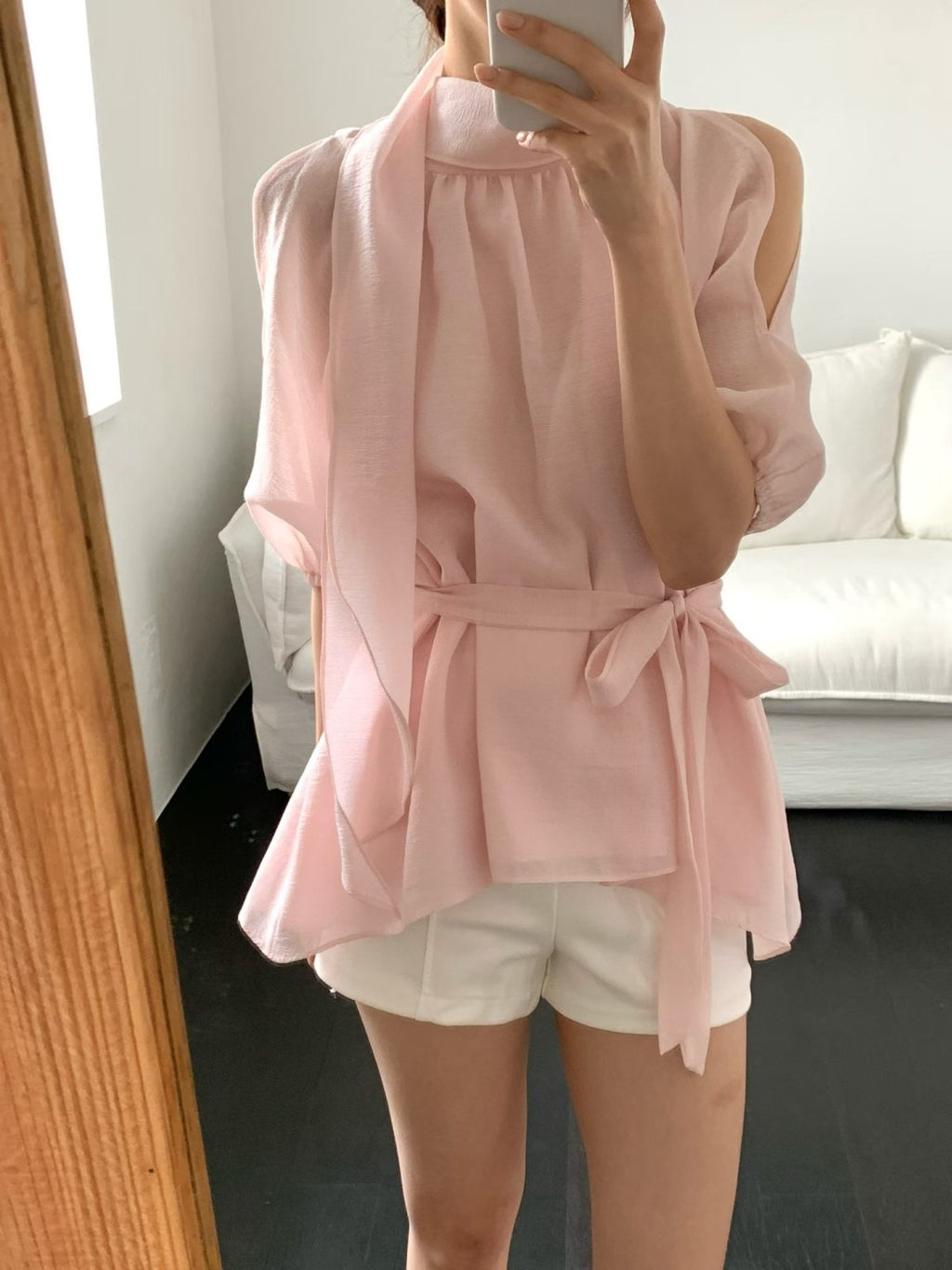 韓國REFILL蝴蝶結綁帶高領泡泡袖上衣 | 法式仙女飄逸雪紡襯衫 Korean Ribbon Puff Sleeve Blouse