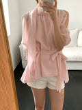 韓國REFILL蝴蝶結綁帶高領泡泡袖上衣 | 法式仙女飄逸雪紡襯衫 Korean Ribbon Puff Sleeve Blouse