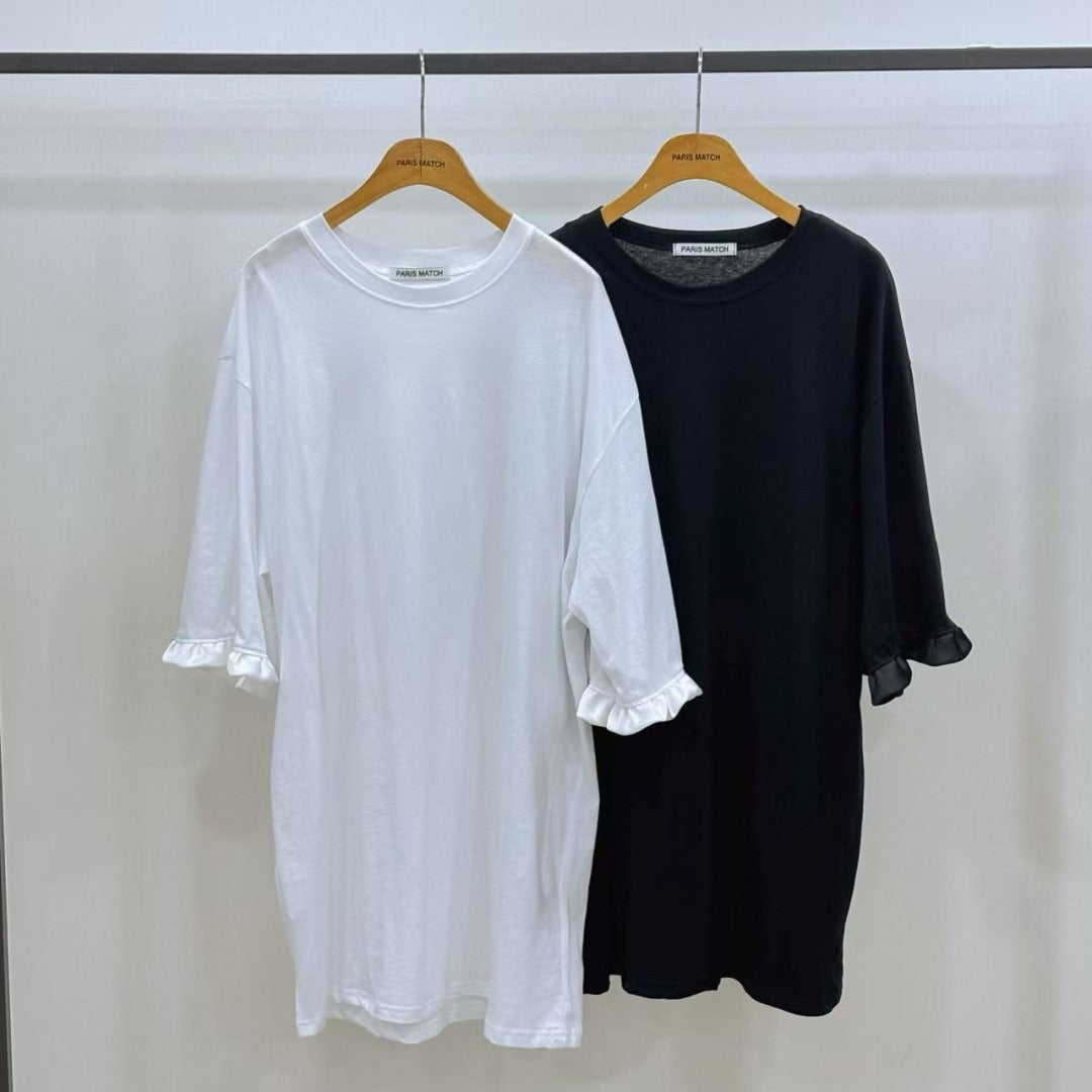 韓國PARIS MATCH荷葉袖口長版T恤 | 簡約寬鬆純色棉質上衣 Oversized Ruffle Sleeve Tee