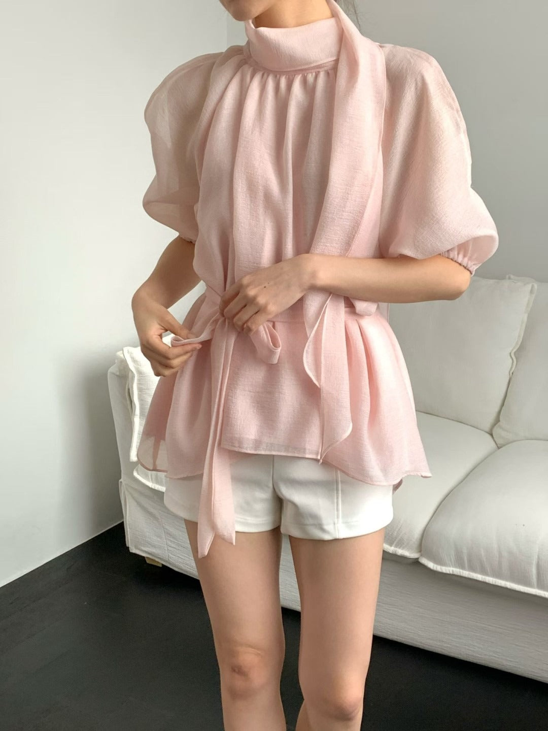 韓國REFILL蝴蝶結綁帶高領泡泡袖上衣 | 法式仙女飄逸雪紡襯衫 Korean Ribbon Puff Sleeve Blouse