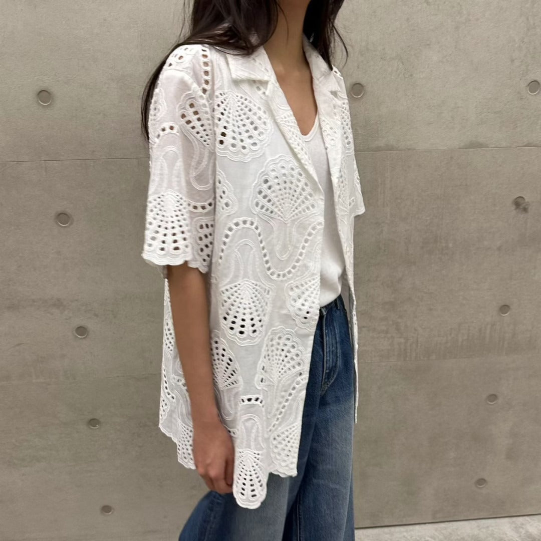 韓國白色鏤空刺繡短袖襯衫 | 貝殼圖案蕾絲薄外套 Korean Eyelet Cutwork Shirt
