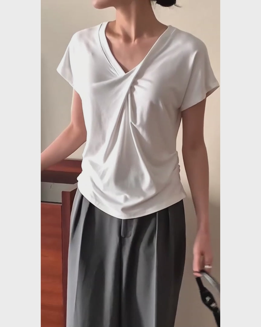 韓國BANANA3435深V領抽繩短袖T恤 | 慵懶寬鬆棉質上衣 Korean V-Neck Casual Tee
