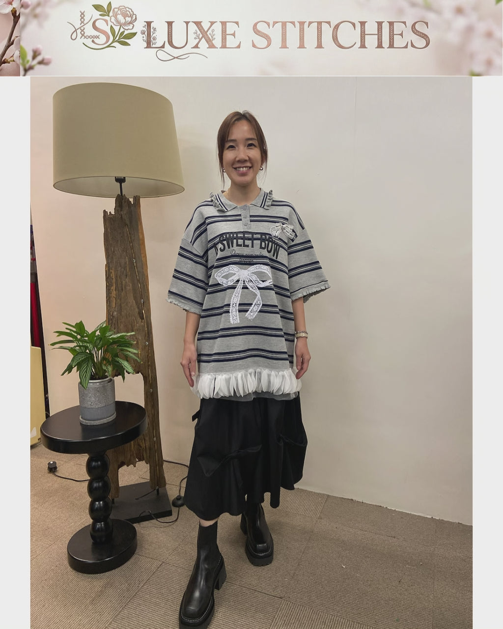 韓國SLINE蝴蝶結蕾絲條紋Polo連身裙 | 網紗拼接寬鬆短袖T恤裙 Korean Stripe Dress