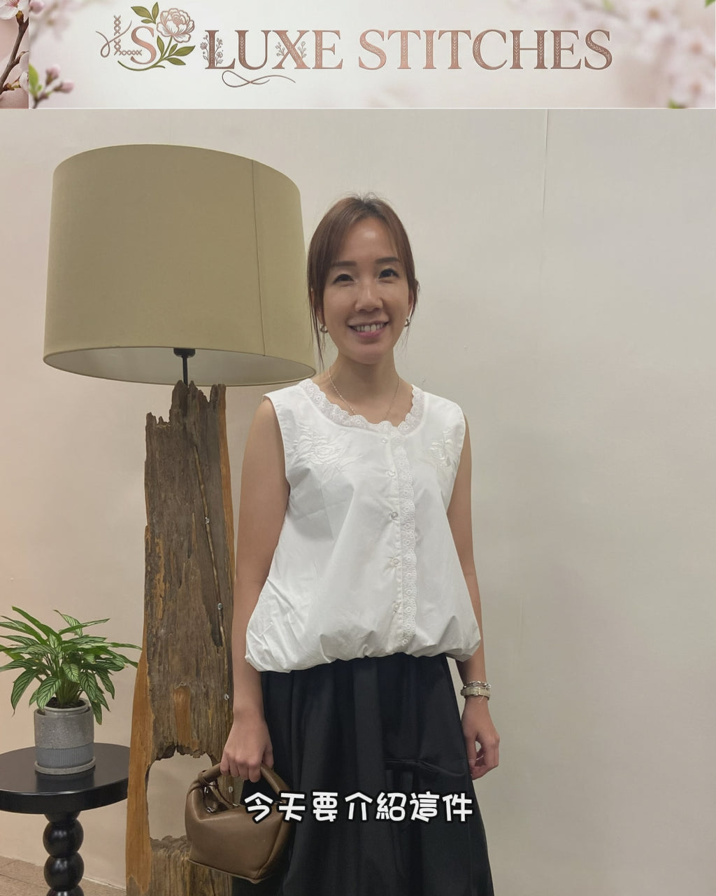 韓國J CRANE玫瑰刺繡蕾絲無袖背心 | 法式花邊鈕扣棉質上衣 Korean Lace Embroidery Top